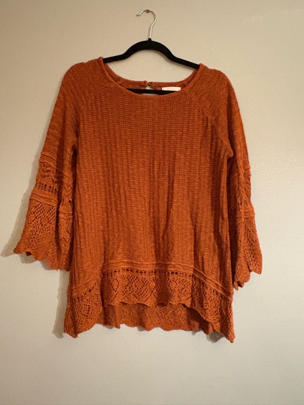 LC Lauren Conrad Textured Crochet Trim Tunic 3/4 Sleeve Sweater - Rust Orange